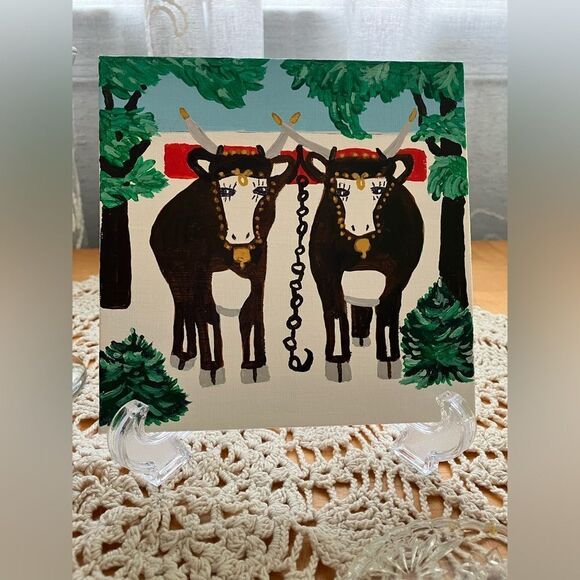 Original folk art “Ode to Maude” on Canvas Board adorable oxen painting 6x6” - Picture 2 of 2